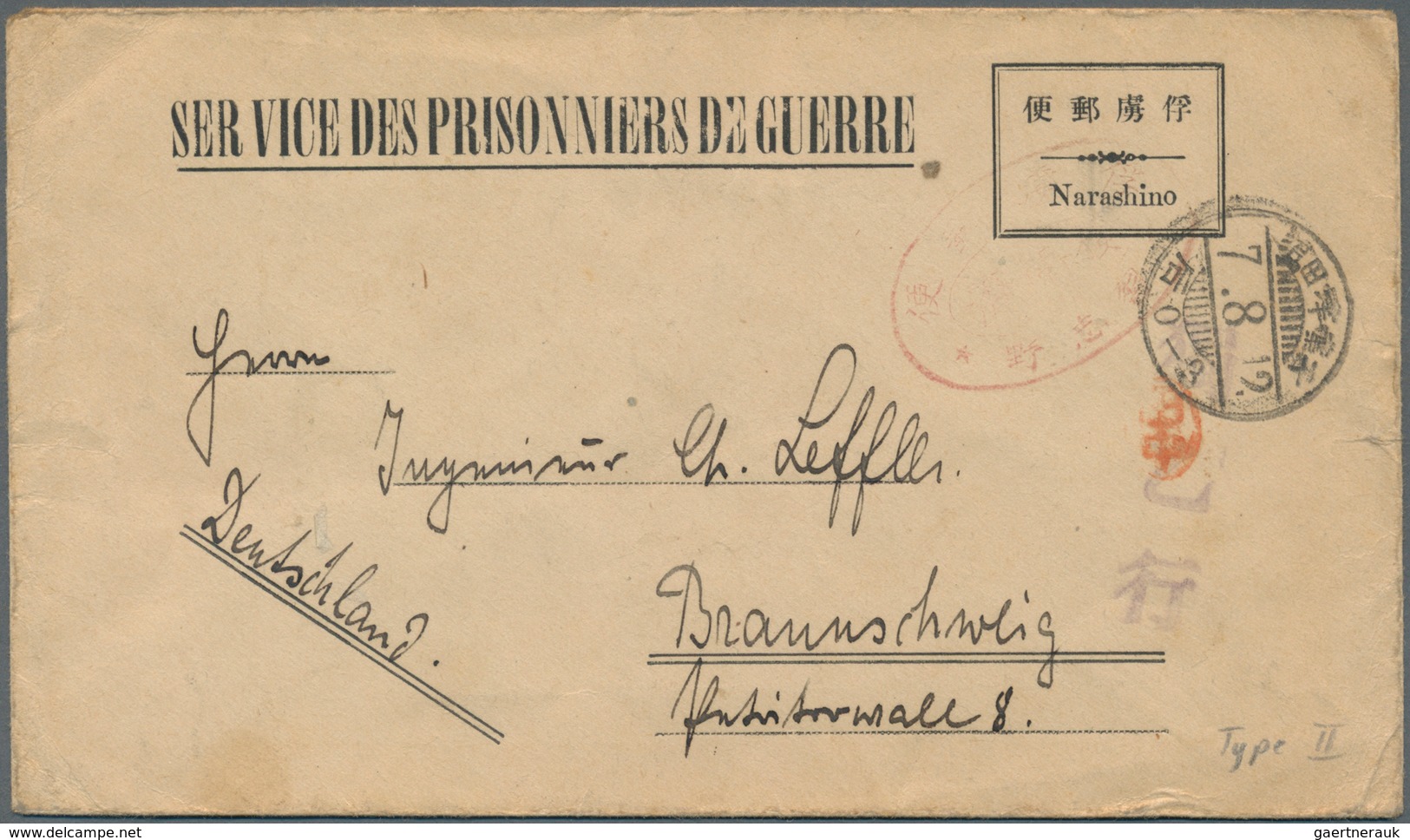 Lagerpost Tsingtau: Narashino, 1918/19, camp-made envelopes types I (top reduced), II, III. And a ca