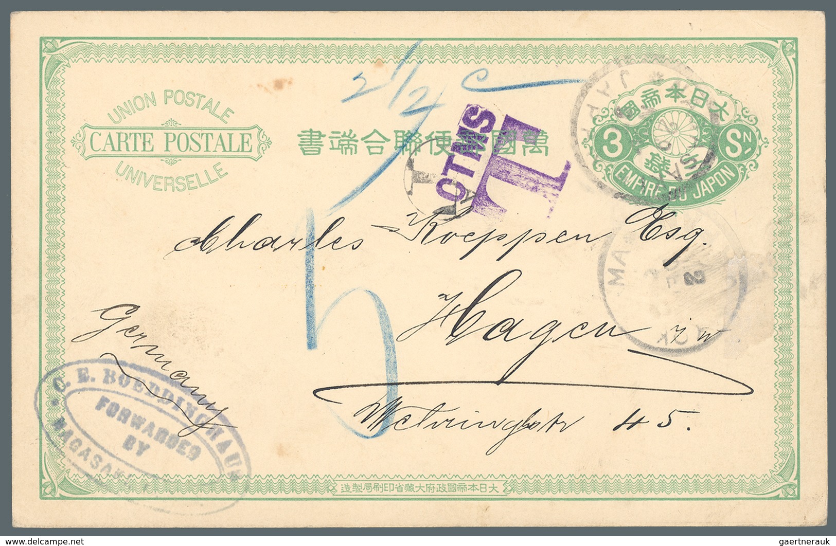 Japan - Besonderheiten: „FORWARDED BY/C. E. BOEDDINGHAUS/NAGASAKI, JAPAN", Greyish Blue Double Frame - Other & Unclassified