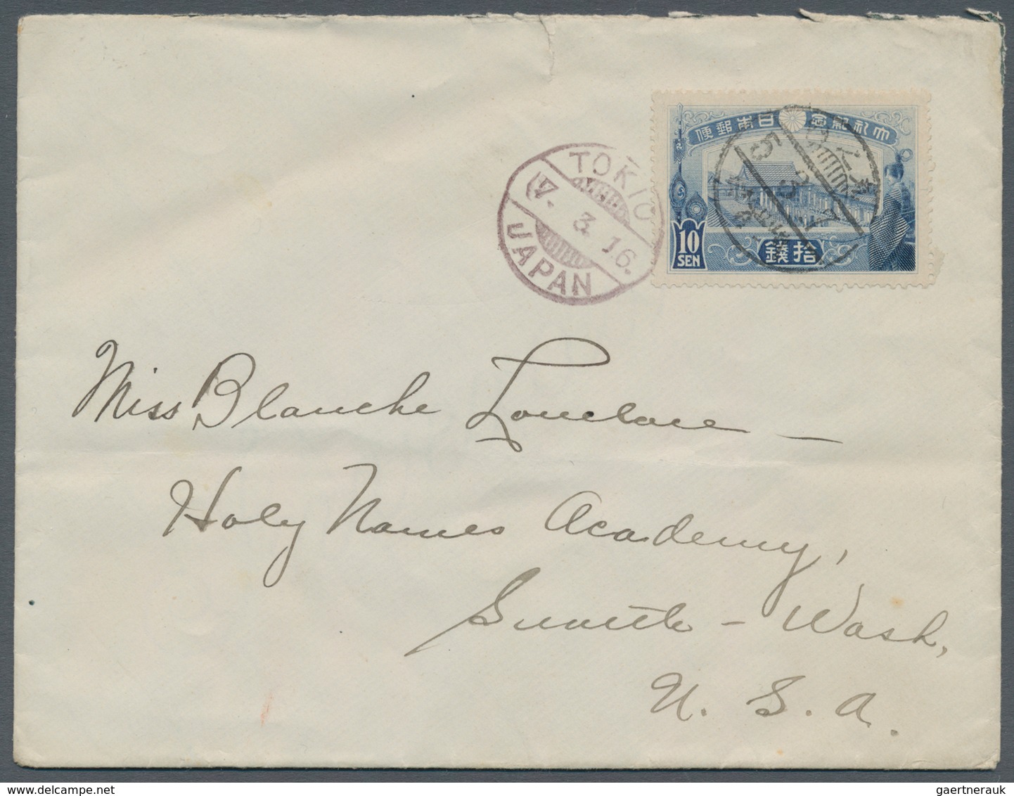 Japan - Besonderheiten: 1915, Coronation 10 S. Canc. Full Strike "Marunouchi 5.3.7" On Cover Via "TO - Andere & Zonder Classificatie