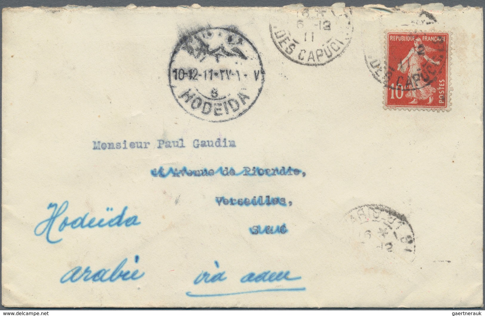 Jemen: 1911, Cover From Paris To Versailles, Forwarded To Hodeida With Turkey Arrival Mark "HODEIDA - Yemen