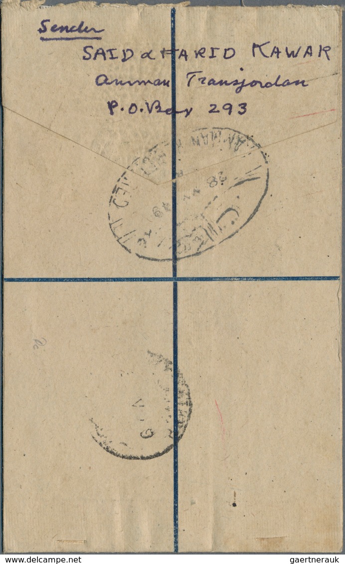 Jordanien: 1949, 5 M., 15 M. (pair), 50 M. Tied Oval "AMMAN REGISTERED 28 MY 49" To Registration Env - Jordan