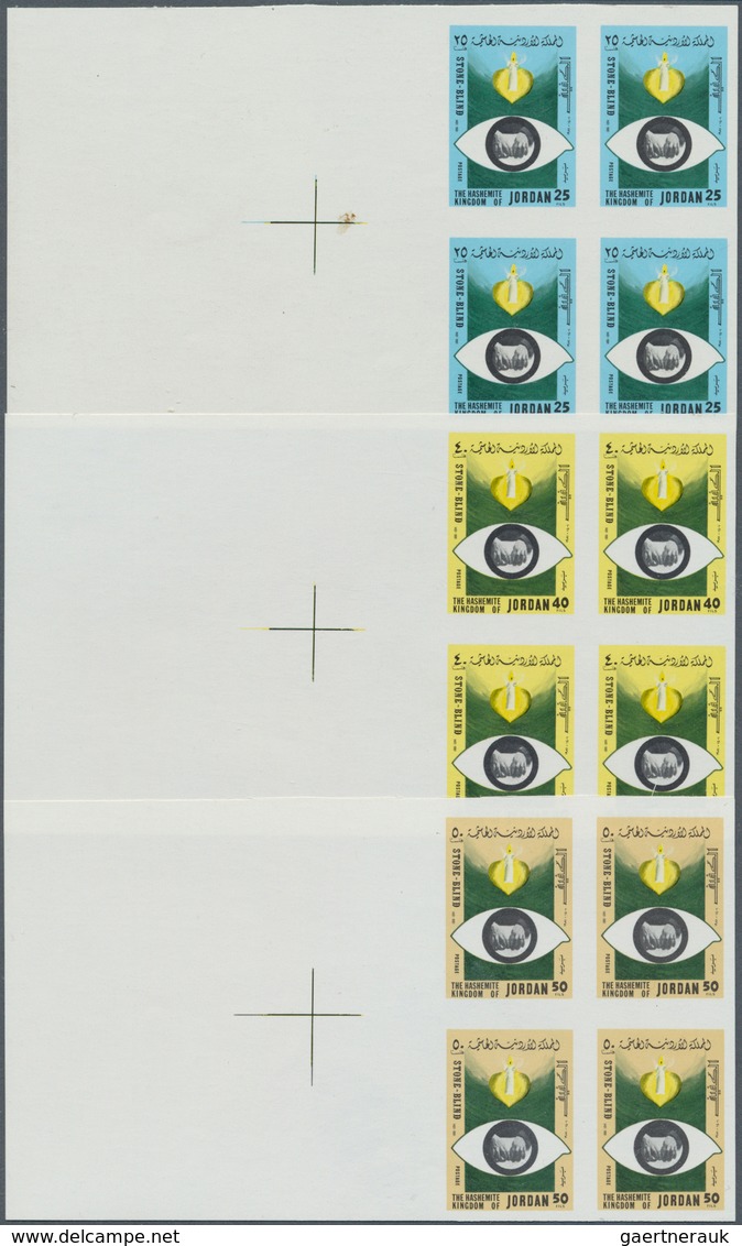 Jordanien: 1981, Blindness. Complete Set (3 Values) In 3 Proof Blocks Of 4 Lacking Red Color (Heart) - Jordan