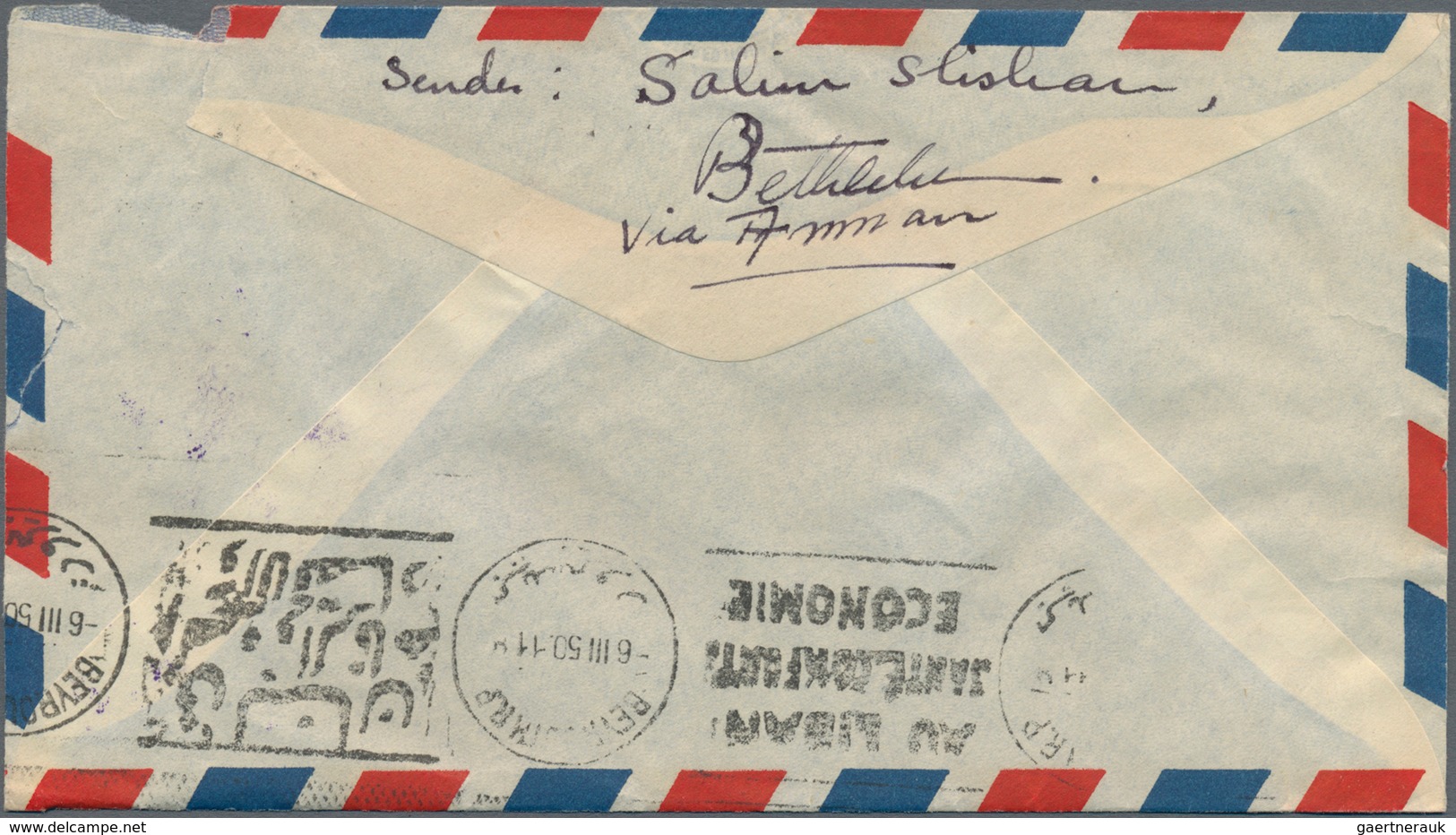 Jordanische Besetzung Palästina: 1950, correspondence of covers (10, 9 by airmail) from "BETHLEHEM"