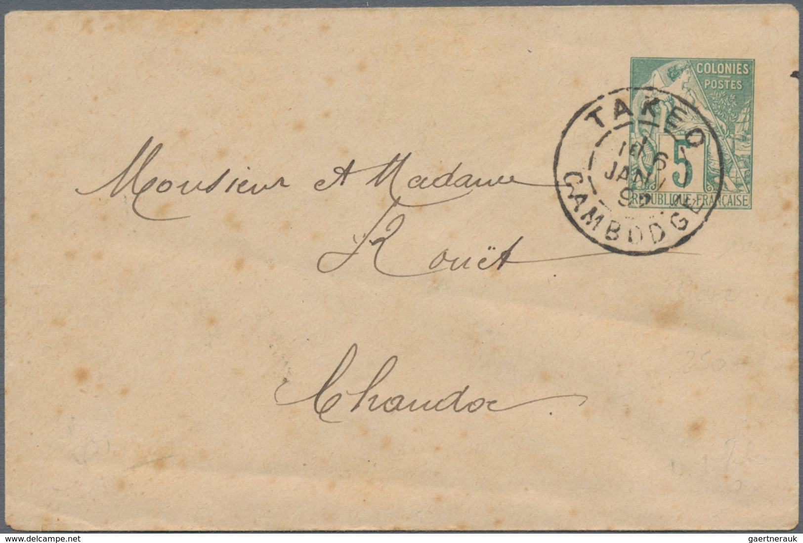 Kambodscha: 1892, Small Size Envelope Type Sage 5 C. Canc. "TAKEO 6 JANV 92" To Chaudoc, Stains. - Cambodja