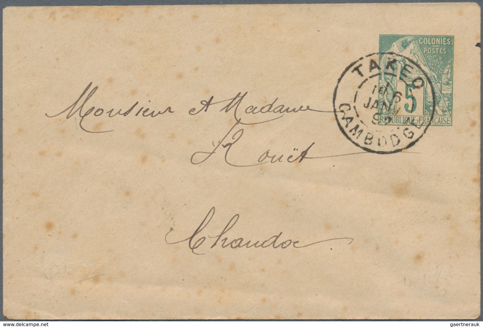 Kambodscha: 1892, Small Size Envelope Type Sage 5 C. Canc. "TAKEO 6 JANV 92" To Chaudoc, Stains. - Kambodscha