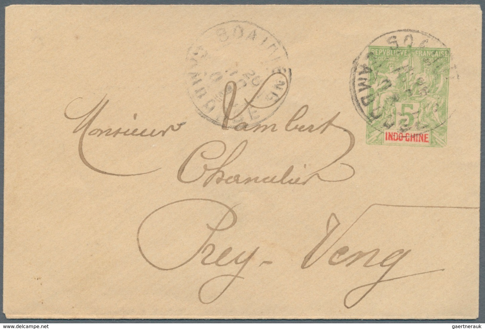 Kambodscha: 1903. French Indo-China Postal Stationery Envelope 5c Yellow- Green Cancelled By Soairie - Cambodia