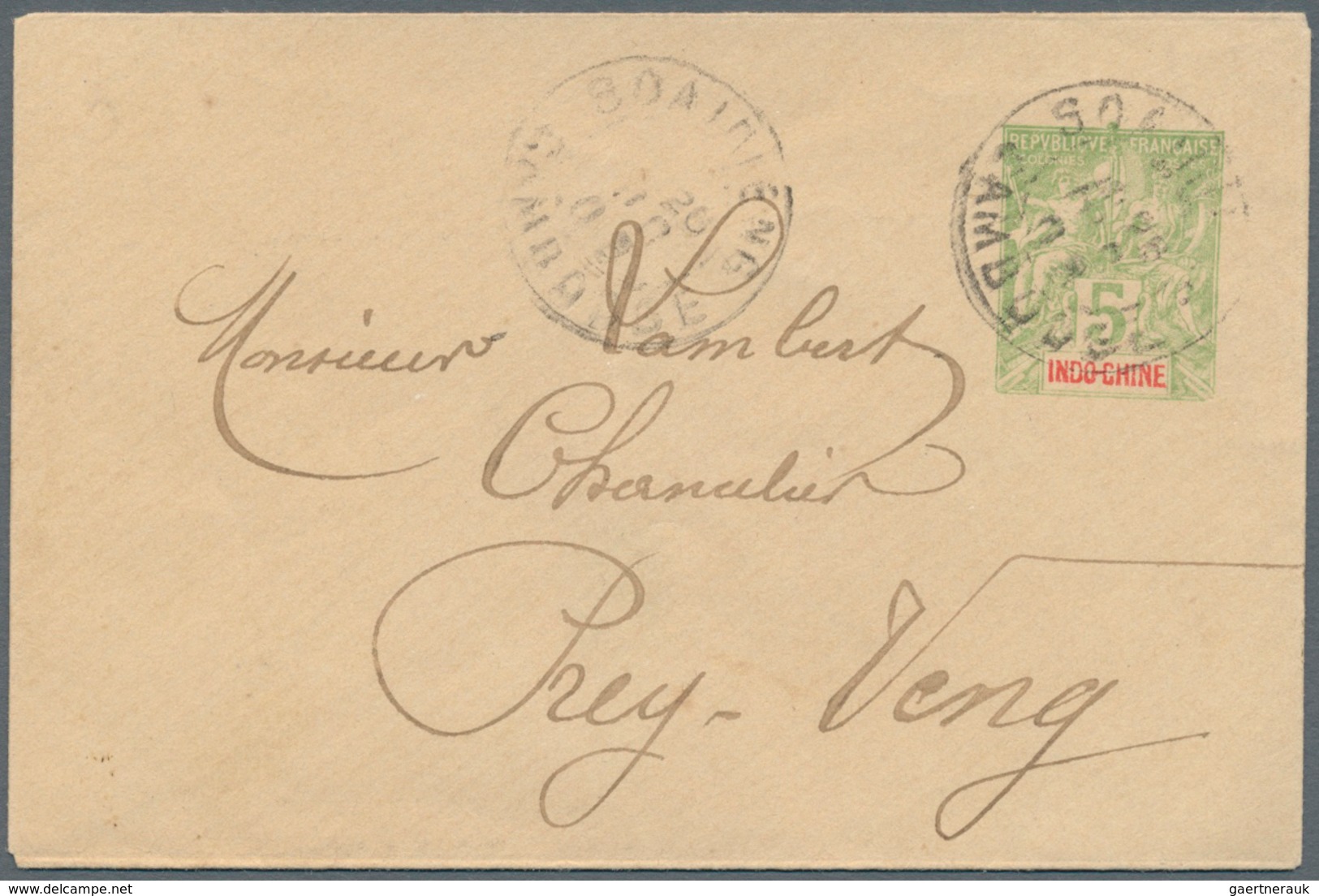 Kambodscha: 1903. French Indo-China Postal Stationery Envelope 5c Yellow- Green Cancelled By Soairie - Kambodscha