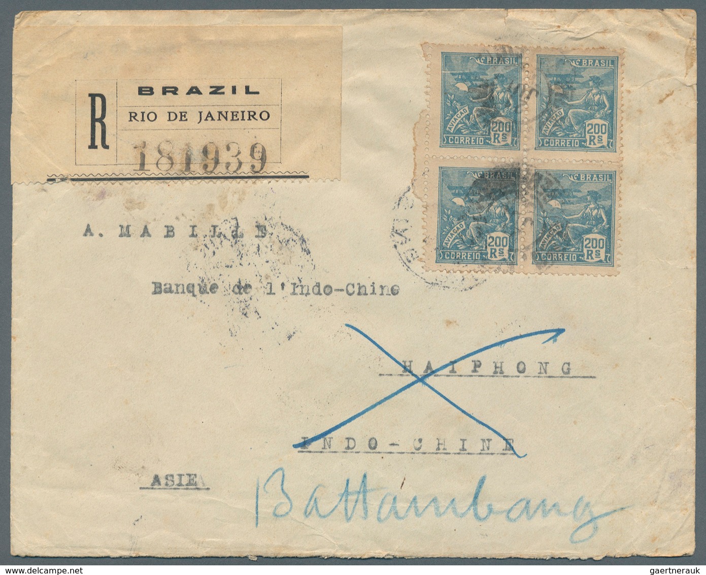 Kambodscha: 1922. Registered Envelope Addressed To The 'Bank Of Indo-China, Haiphong' Bearing Brazil - Cambodia