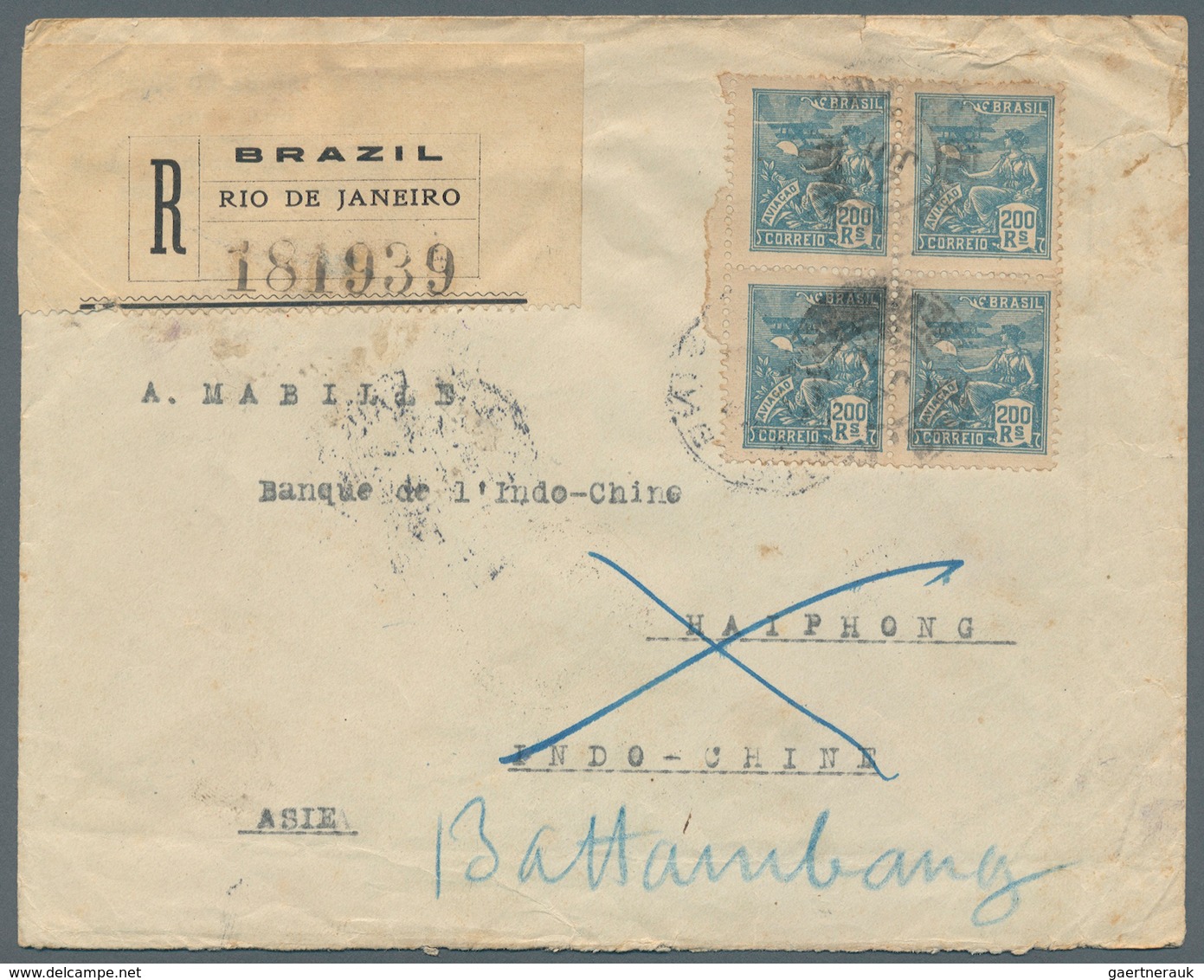 Kambodscha: 1922. Registered Envelope Addressed To The 'Bank Of Indo-China, Haiphong' Bearing Brazil - Kambodscha