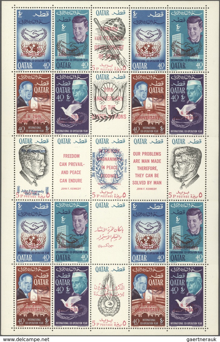 Katar / Qatar: 1966 'Kennedy': Two Complete Se-tenant Gutter Sheets Perforated, One With Ovpt. In Bl - Qatar