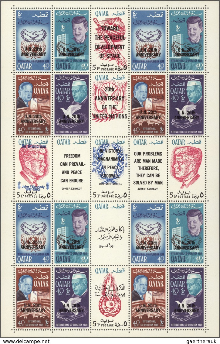 Katar / Qatar: 1966 'Kennedy': Two Complete Se-tenant Gutter Sheets Perforated, One With Ovpt. In Bl - Qatar