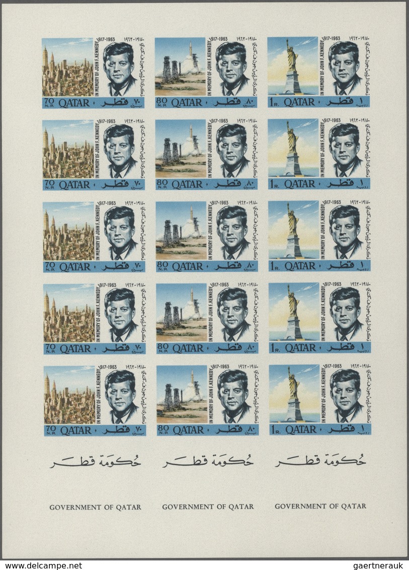 Katar / Qatar: 1966 'Kennedy' Five Complete Sets IMPERFORATED In Two COMPLETE SE-TENANT SHEETS, Mint - Qatar