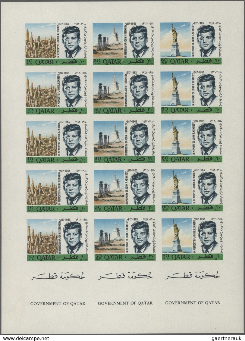 Katar / Qatar: 1966 'Kennedy' Five Complete Sets IMPERFORATED In Two COMPLETE SE-TENANT SHEETS, Mint - Qatar