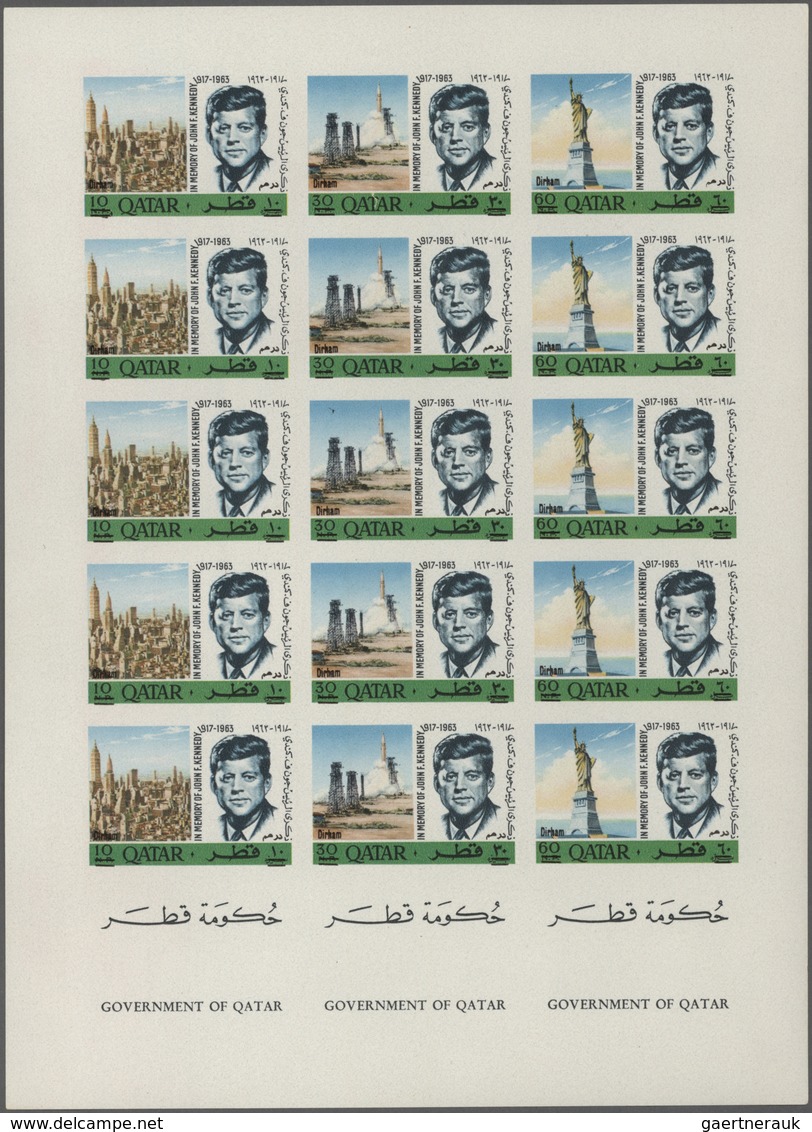 Katar / Qatar: 1966 'Kennedy' Five Complete Sets, Overprinted New Currency, IMPERFORATED In TWO COMP - Qatar