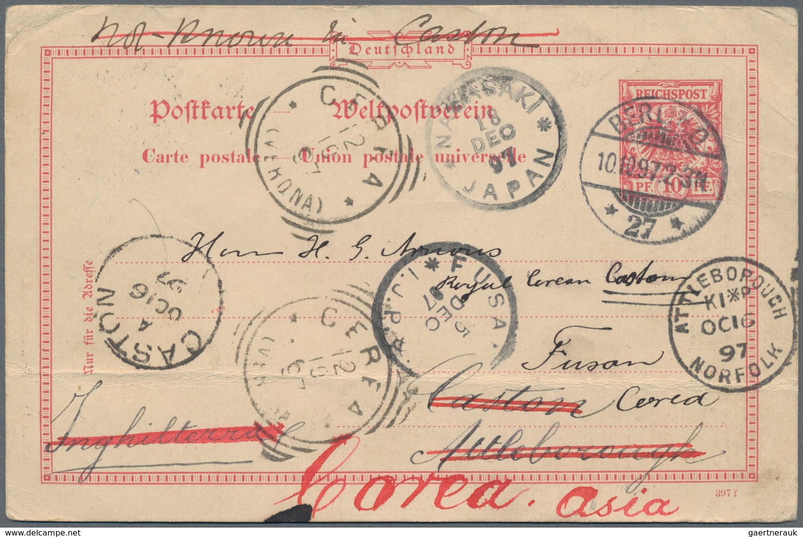 Korea: Incoming Mail, 1897, Germany, UPU Card 10 Pf. Canc. BERLIN.O. 10.10.97" To Fusan, Royal Corea - Korea (...-1945)