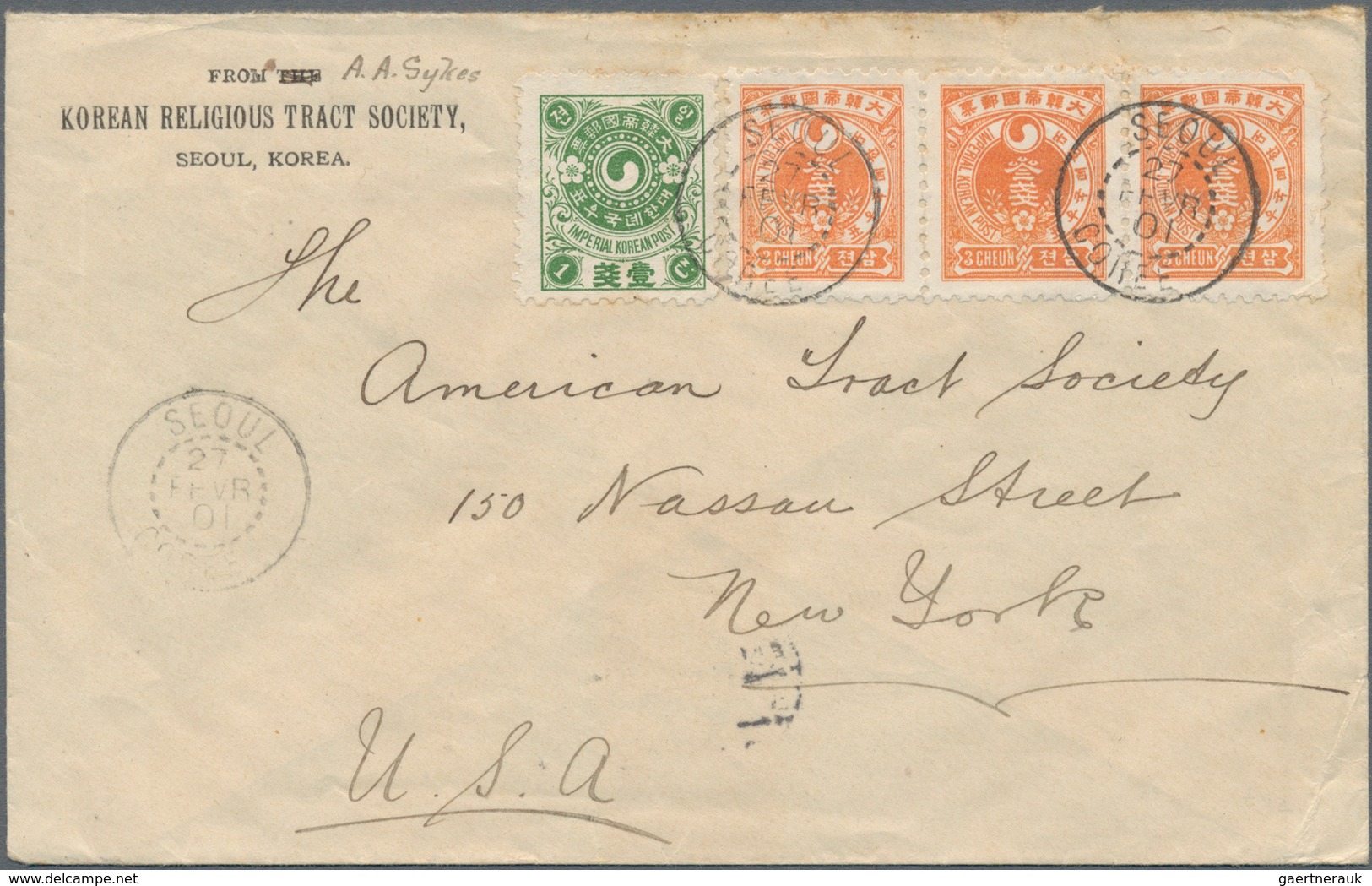 Korea: 1901, Cover Bearing Pair And Single 3 Ch. Orange Red (few Short Perfs At Right) And Single 1 - Korea (...-1945)