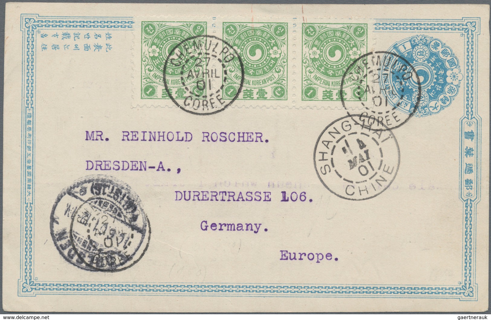 Korea: 1901, Postal Stationery Card 1 Cn. Blue Used Uprated Bearing Strip Of Three 1 Cn. Yellow Gree - Korea (...-1945)