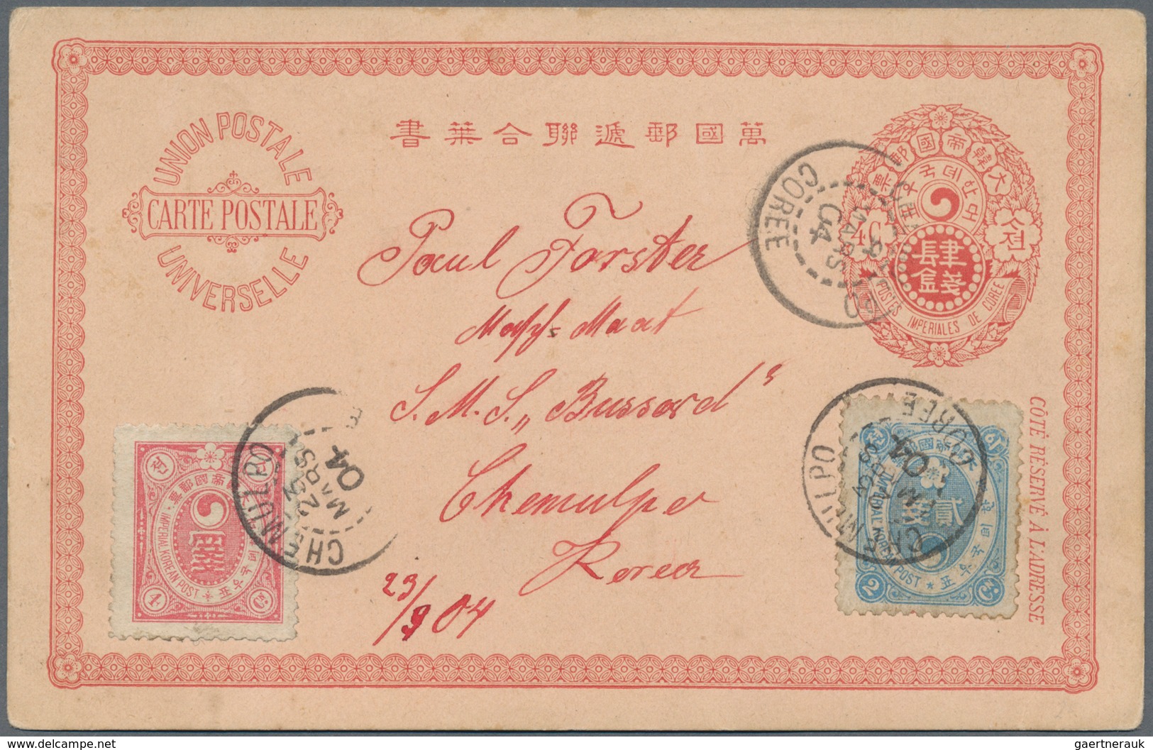 Korea: 1903 Postal Stationery Card 4 Chon Red Used Locally In Chemulpo, Uprated 1900 2 Ch. Blue And - Korea (...-1945)