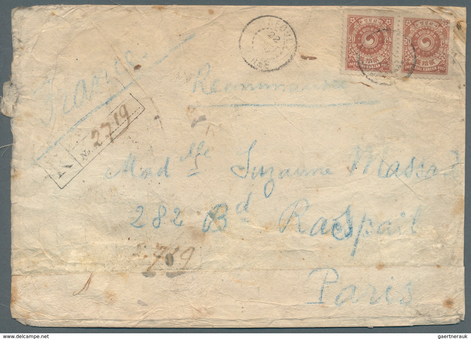 Korea: 1905. Registered Rice Paper Envelope (opening Faults, Creased And Toned) Addressed To Paris B - Corée (...-1945)