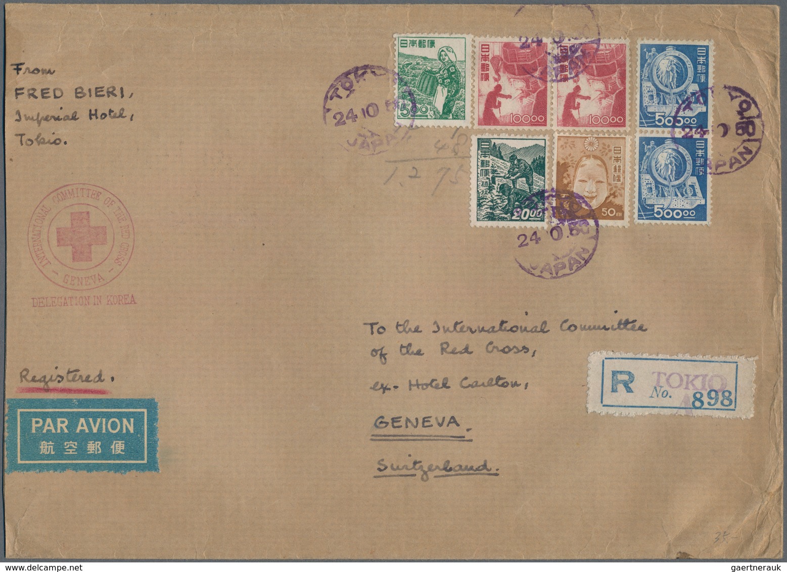 Korea-Süd: 1950, Red Cross Delegation In Korea (rd Hs.), Y1275 Franking Tied "TOKYO 24.10.50" To Reg - Korea, South