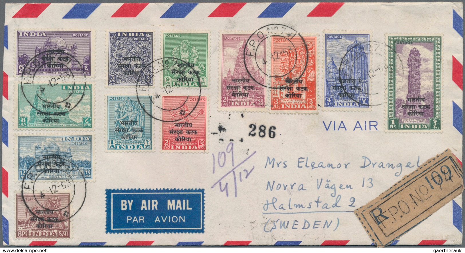 Korea-Süd: Korean War, 1953, India Army Surcharge Set 3 P.-1 Re. Twelve Values Tied "F.P.O. 741 4-12 - Corea Del Sud