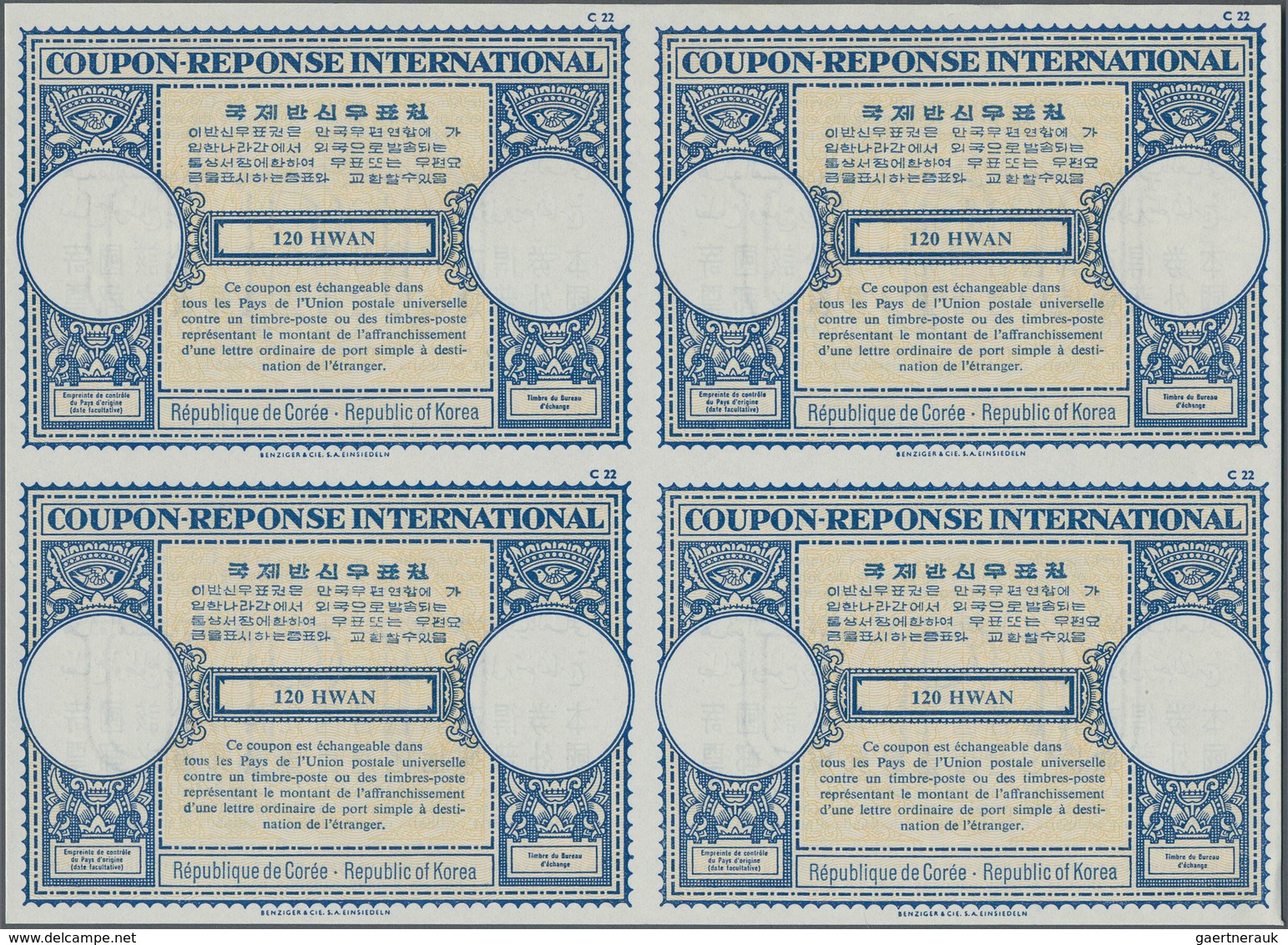 Korea-Süd: 1960. International Reply Coupon 120 Hwan (London Type) In An Unused Block Of 4. Issued J - Korea, South