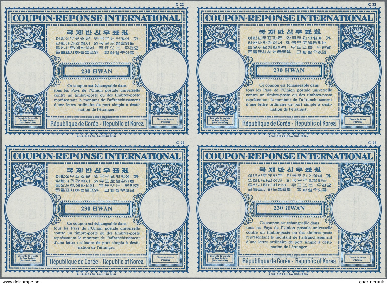 Korea-Süd: 1961. International Reply Coupon 230 Hwan (London Type) In An Unused Block Of 4. Issued A - Korea, South