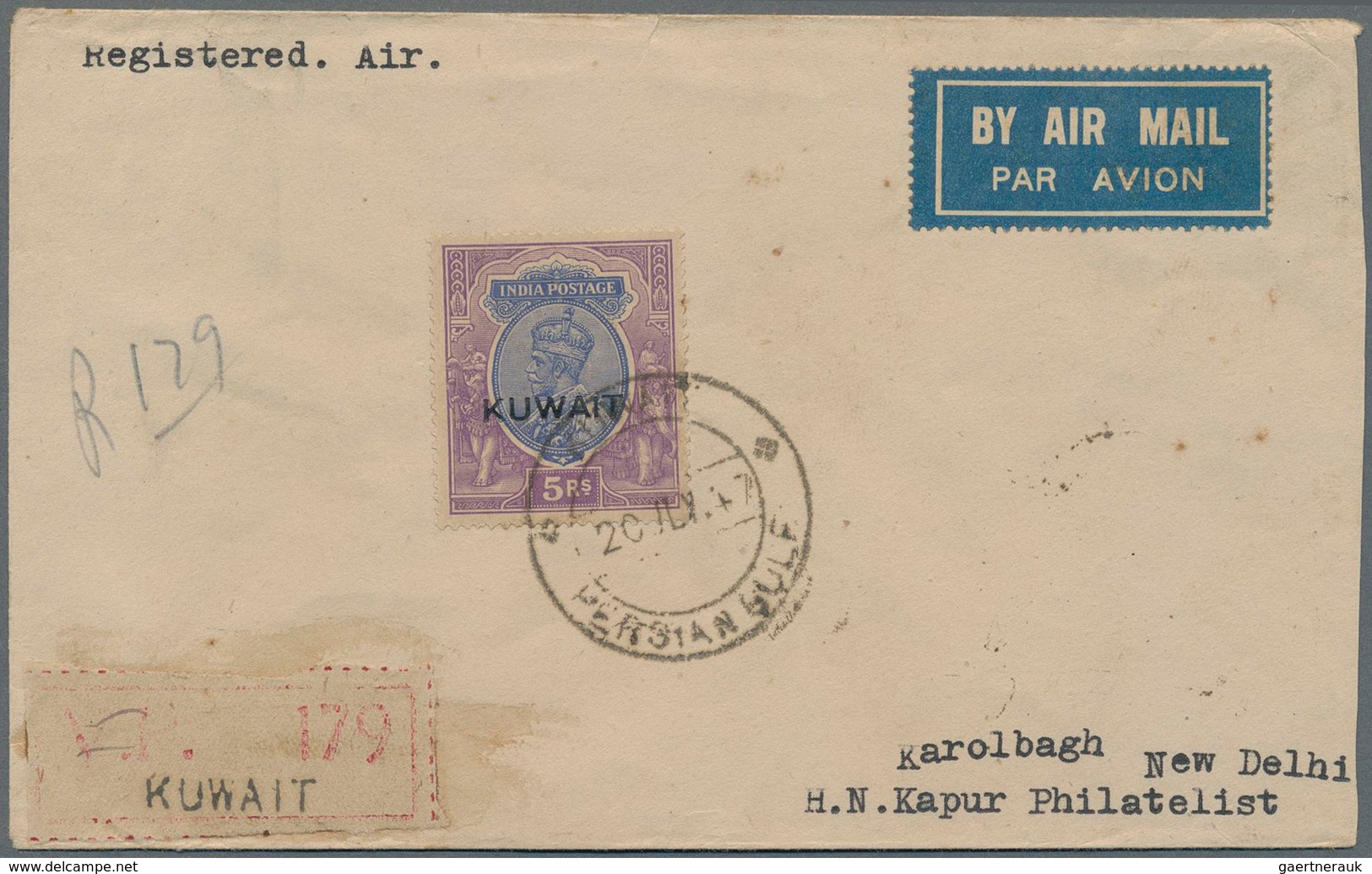 Kuwait: 1923-24 KGV. 5r. Ultramarine & Violet, Wmk Single Star, Optd. "KUWAIT", Used On Registered A - Koeweit