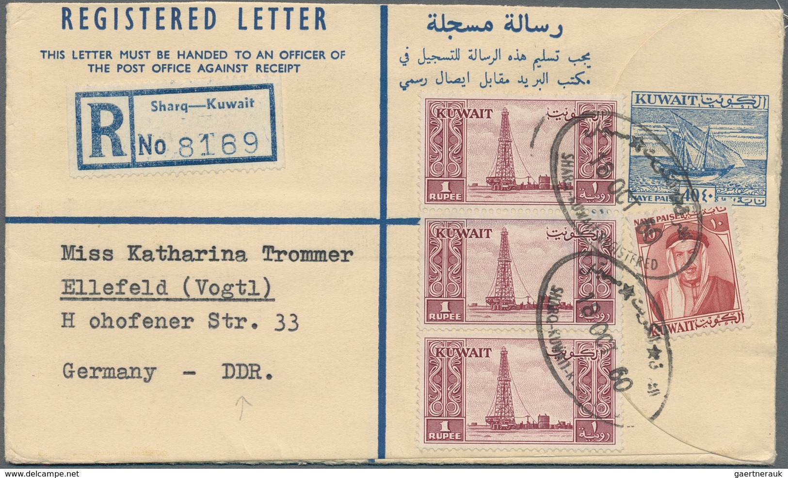 Kuwait: 1960, Stationery Registered Envelope Uprated With 1 Rupee, Strip Of Three And 10 NP Sent Fro - Kuwait
