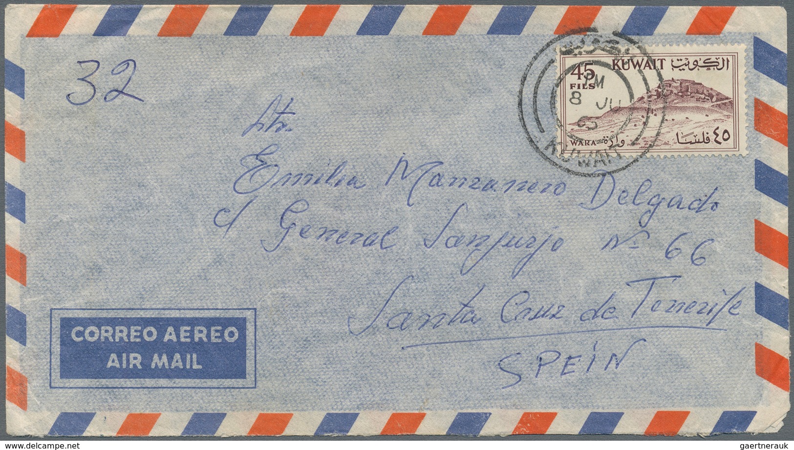 Kuwait: 1965, Airmail Letter From "KUWAIT 8 JU 65" To Teneriffa, Canarian Islands. On Reverse Blue C - Kuwait