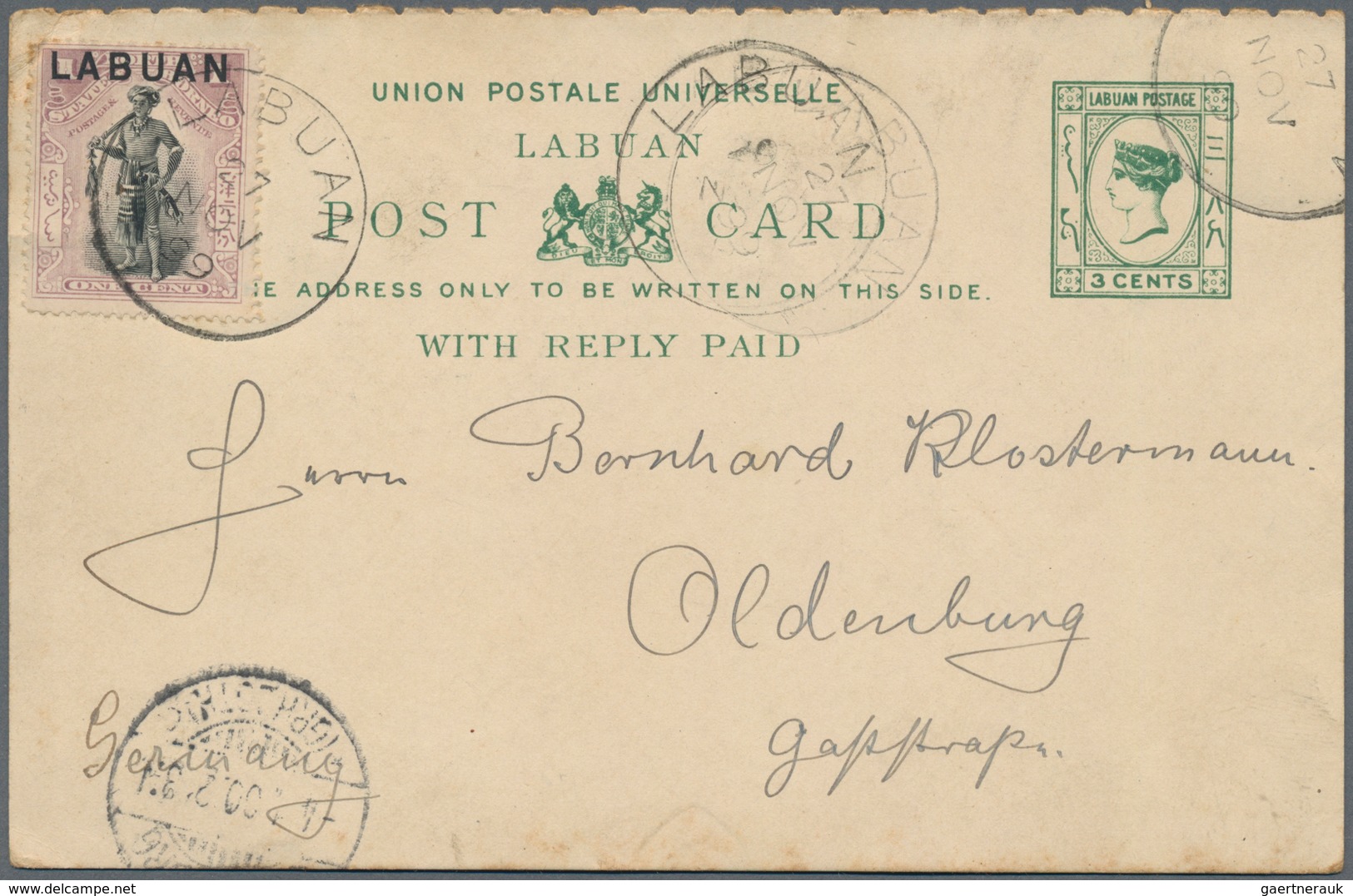 Labuan: 1893-94 Sender Part Of Postal Stationery Double Card 3c+3c Green Used From Labuan To Germany - Other & Unclassified