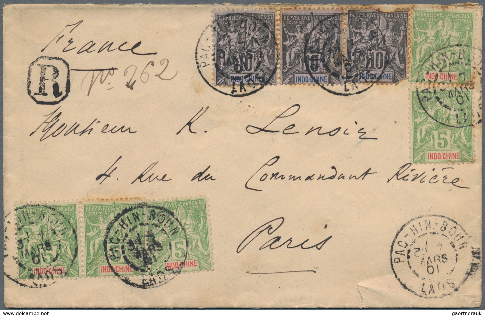 Laos: 1901, 15 C.(5), 10 C. (3) Tied "PAC-CHIN-BOUN 7 MAR 01" To Registered Cover To Paris/France, O - Laos