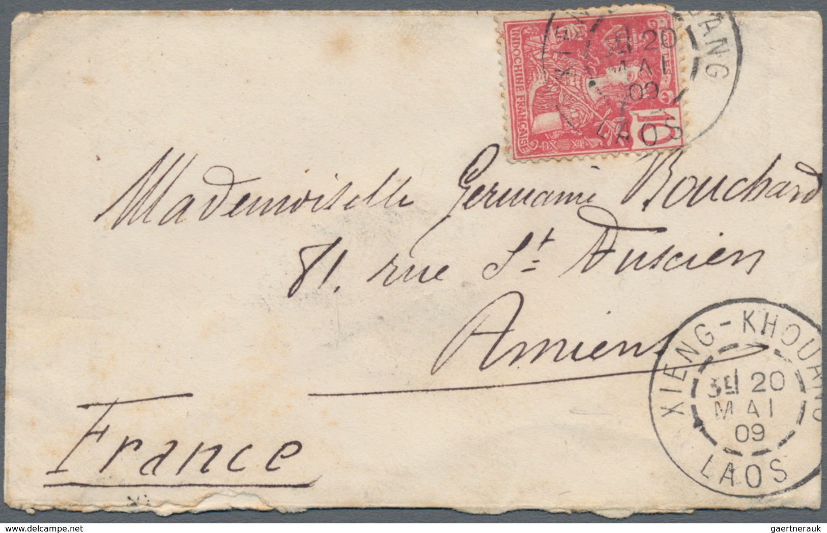 Laos: 1909, 10 C. Red Tied "LENG-KHOUANG 20 MAI 09 LAOS" To Small Size Cover To Amiens/France, On Re - Laos