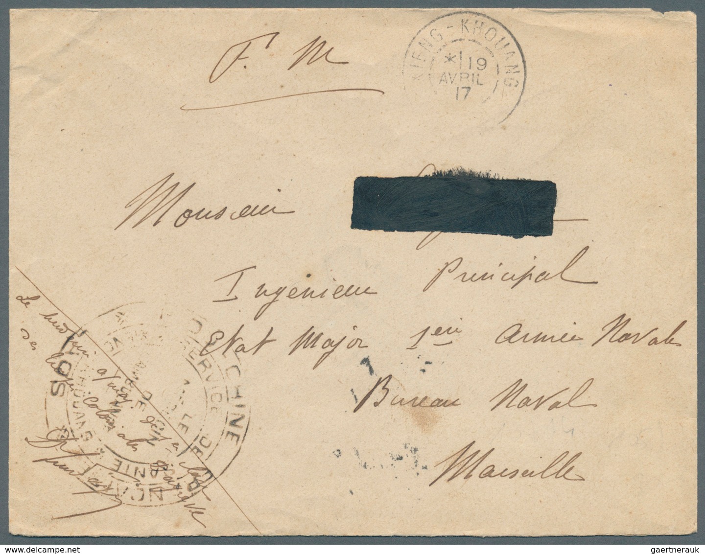 Laos: 1917. Stampless Military Mail Envelope (name Deleted) Endorsed 'F.M.' Addressed To Marseille C - Laos