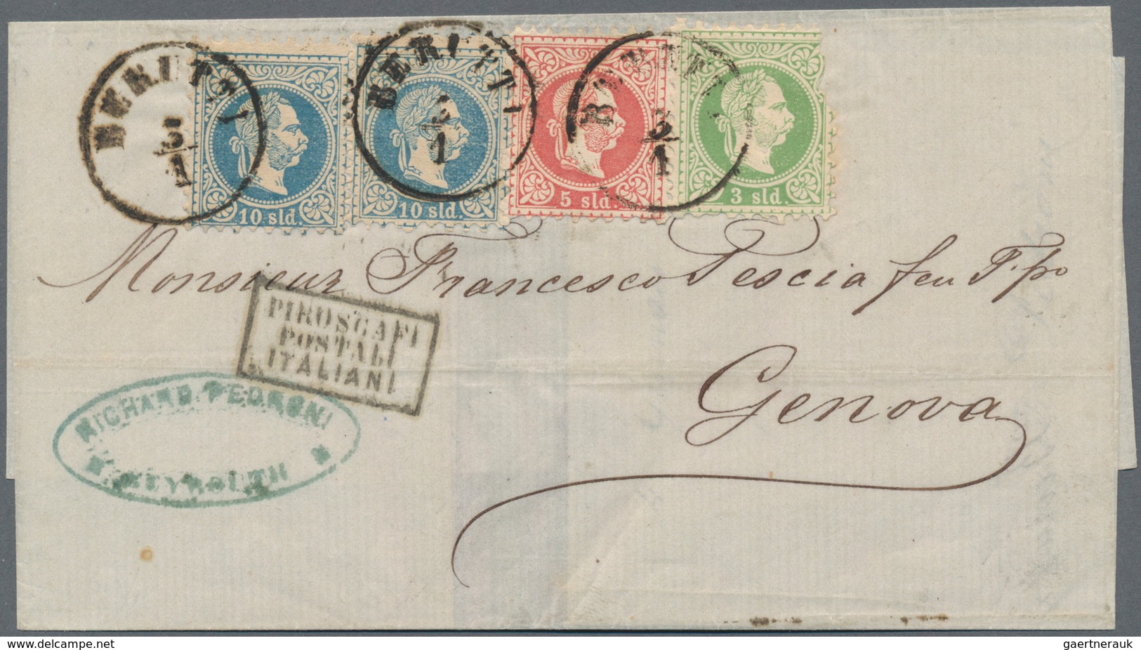 Libanon: 1870, Austrian Levant, 3so. Green (faults), 5so. Red And Two Copies 10so. Blue, Attractive - Lebanon