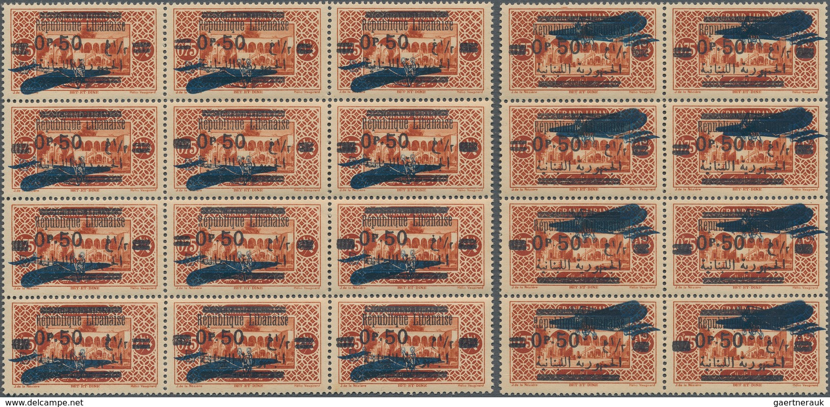 Libanon: 1928, 0,50 P. On 0,75c. Blue Overprinted Issue, Air Plane Inverted Block Of 12 And Air Plan - Lebanon