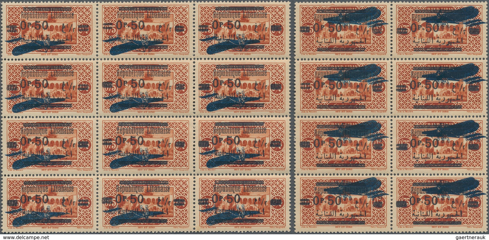 Libanon: 1928, 0,50 P. On 0,75c. Blue Overprinted Issue, Air Plane Inverted Block Of 12 And Air Plan - Libanon