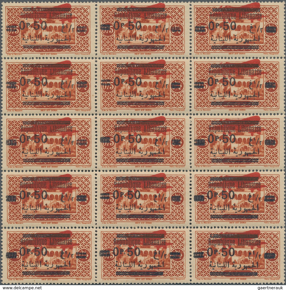 Libanon: 1928, 0,50 P. On 0,75c. Air Plane Red Overprinted Issue, Unissued Color, Block Of 15, All M - Lebanon