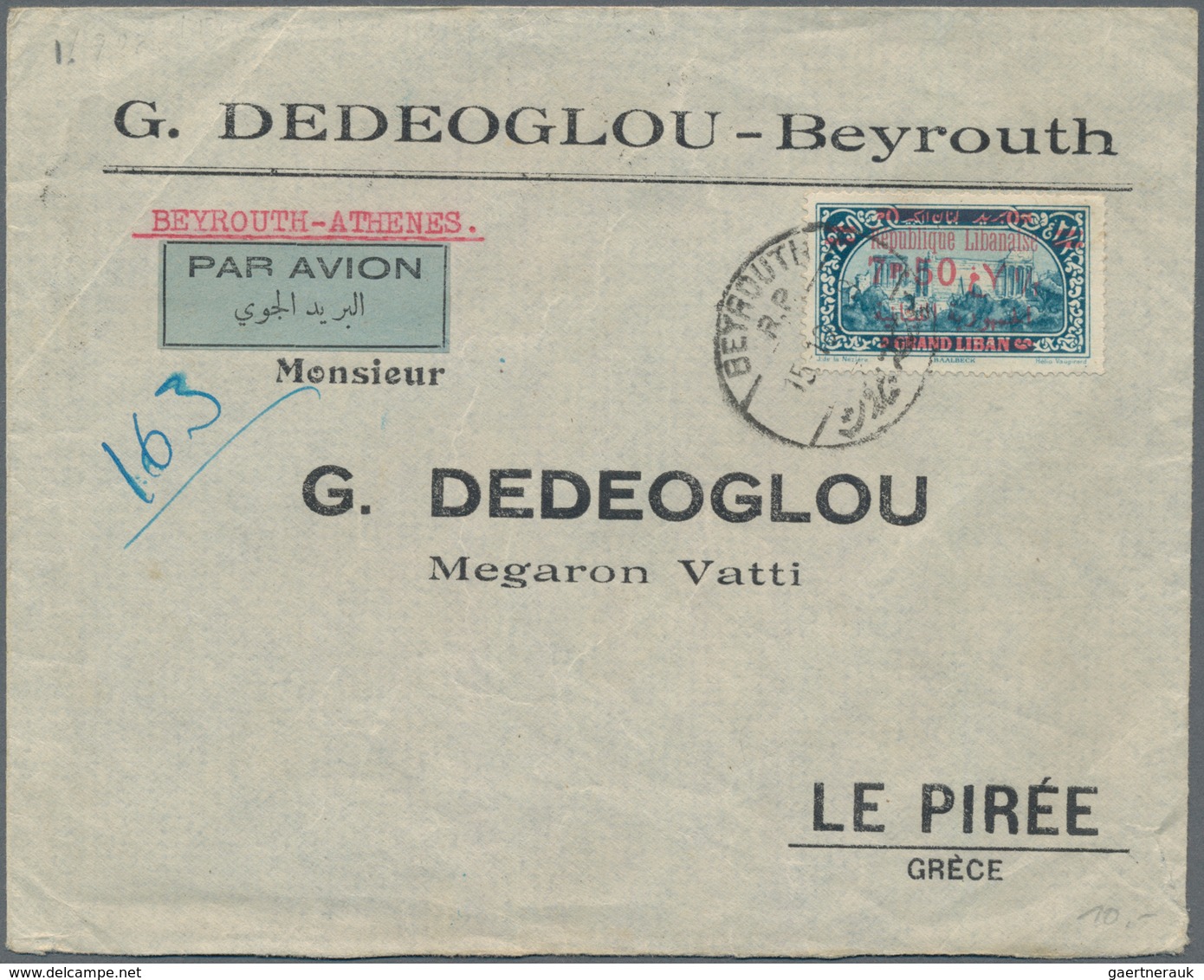 Libanon: 1929 Airmail Cover From Beyrouth To Piraeus, Greece By Beyrouth-Athens Flight, Franked On F - Lebanon