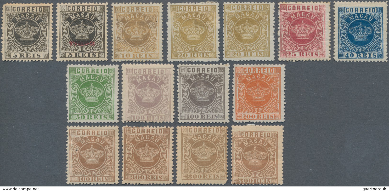Macau: 1884, Crown Perf. 12 1/2 Cpl. Set Inc. Shades, Mostly Mounted Mint: 5 R. (MNH), 5 R. Ovpt. "T - Other & Unclassified