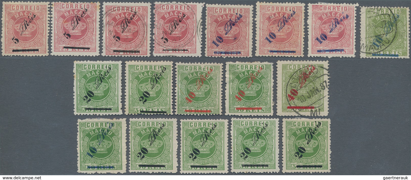 Macau: 1884/85, Surcharges Perf. 12 1/2, 5 R. (mint NG , MM 1, Used 2), 10 R. (2, Mint Resp. NG), 10 - Andere & Zonder Classificatie