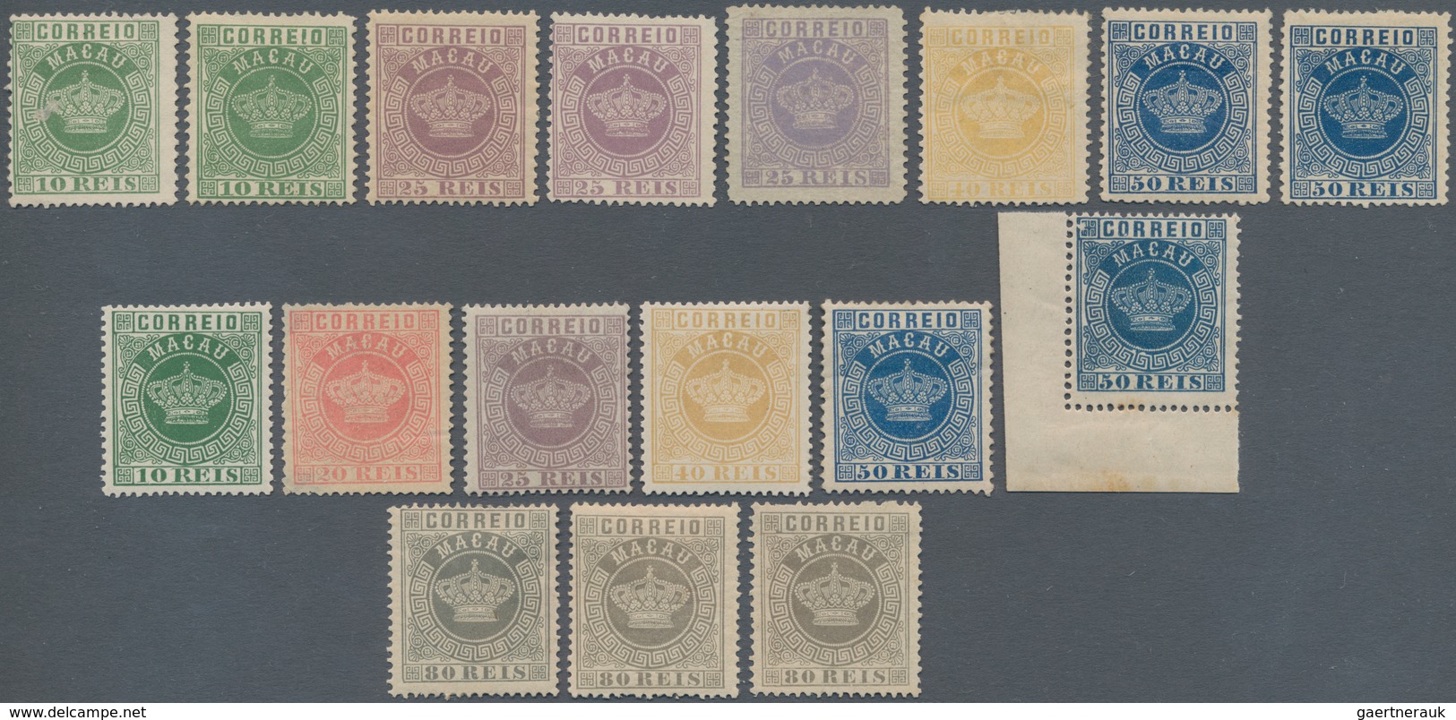 Macau: 1885 Crown Revised Colours: Perf. 12 1/2, 10 R. (2), 25 R. (3, One Mounted Mint), 50 R. (2, O - Other & Unclassified