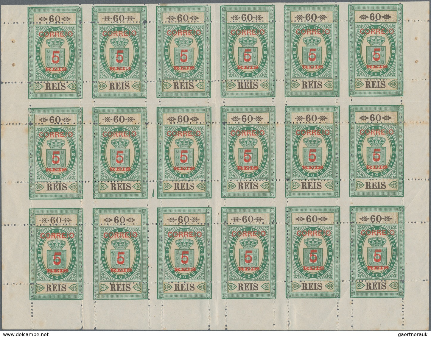 Macau: 1887, Large State Crest Surcharge With Full Margins 5 R./60, A Block Of 18 (6x3) With Margins - Otros & Sin Clasificación