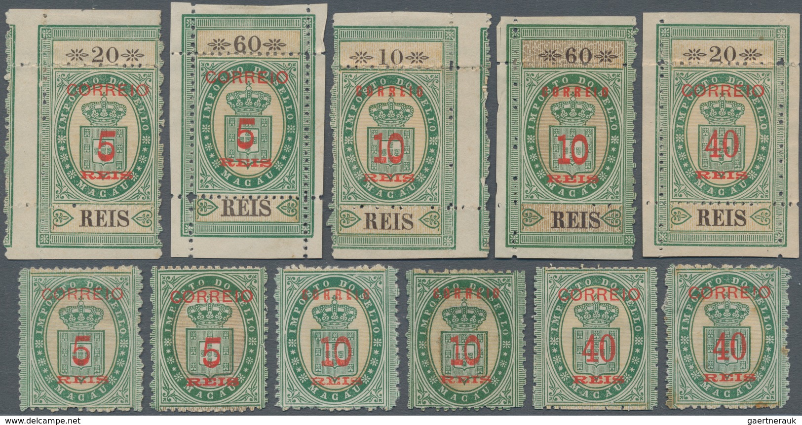 Macau: 1887, Large State Crest Surcharges With Full Margins 5 R./20, 5 R./60, 10 R./10, 10 R./60 And - Other & Unclassified