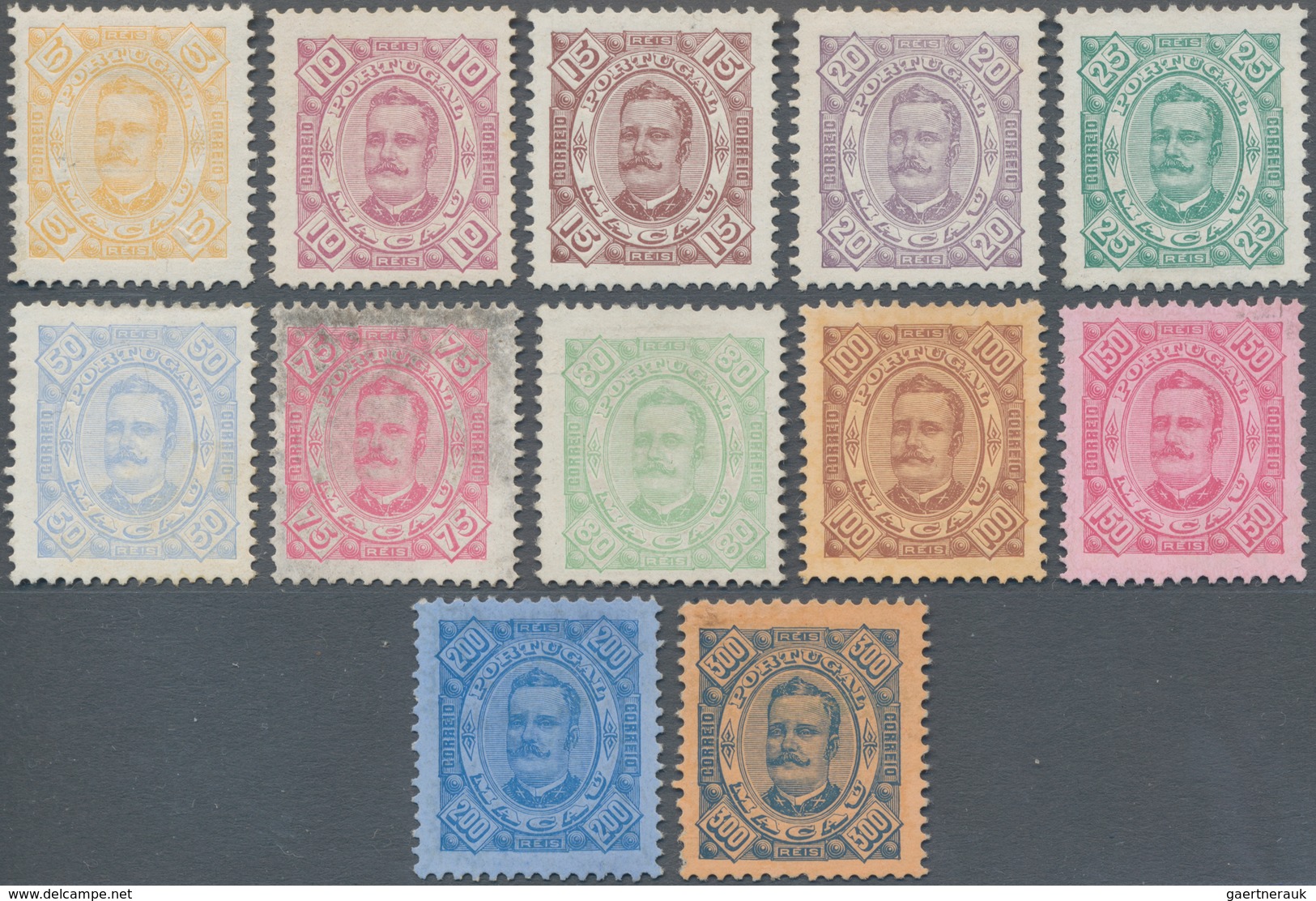 Macau: 1894, King Carlos Cpl. Set 5 R.-300 R., Unused No Gum As Issued, 75 R. Part Discoloration (Mi - Other & Unclassified