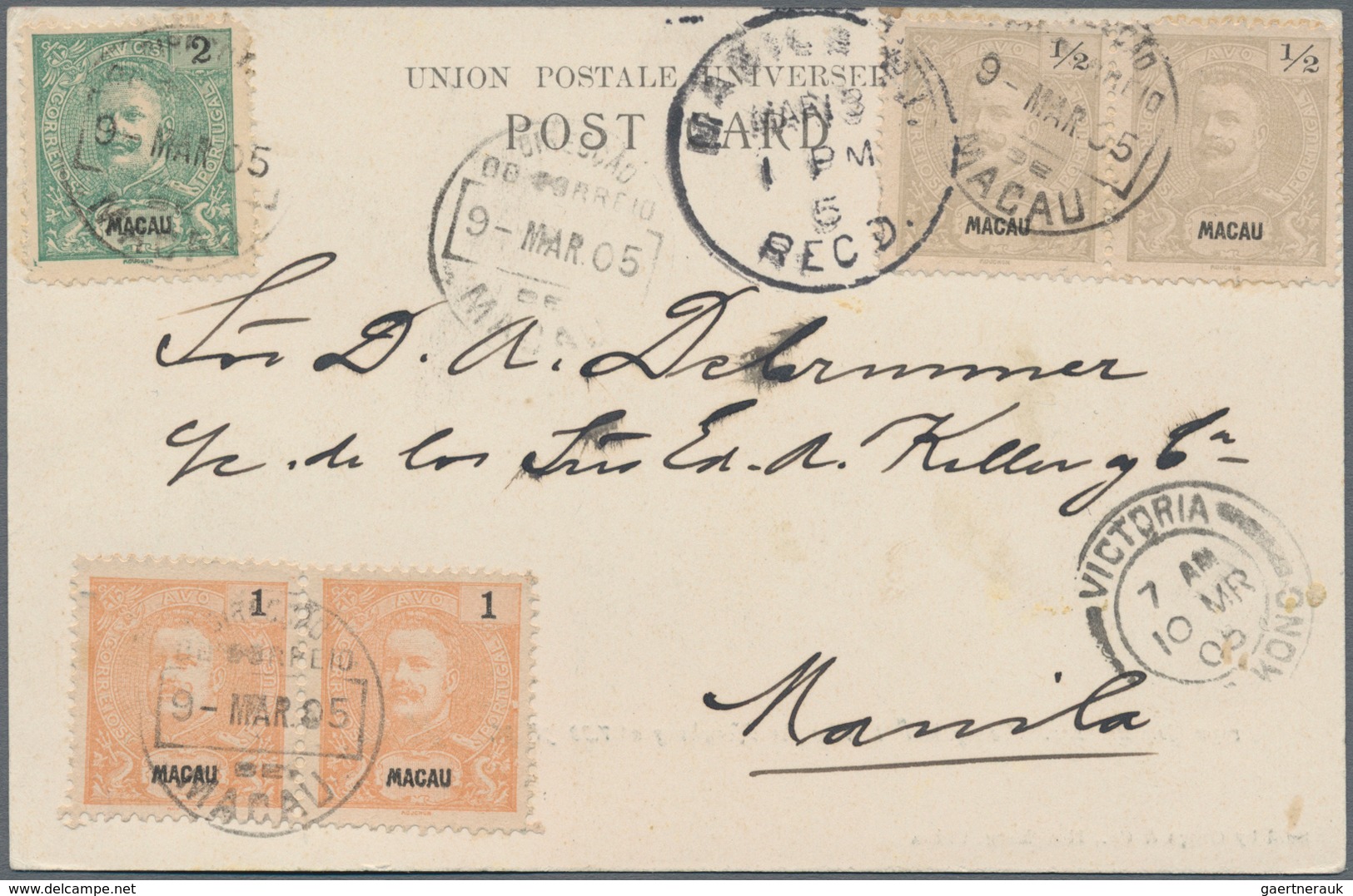Macau: 1896, Three Ppc With Carlos 5 A. Frankings Inc. 1 A. X5 Pure Multiple Tied "MACAU" 1905 Via H - Other & Unclassified