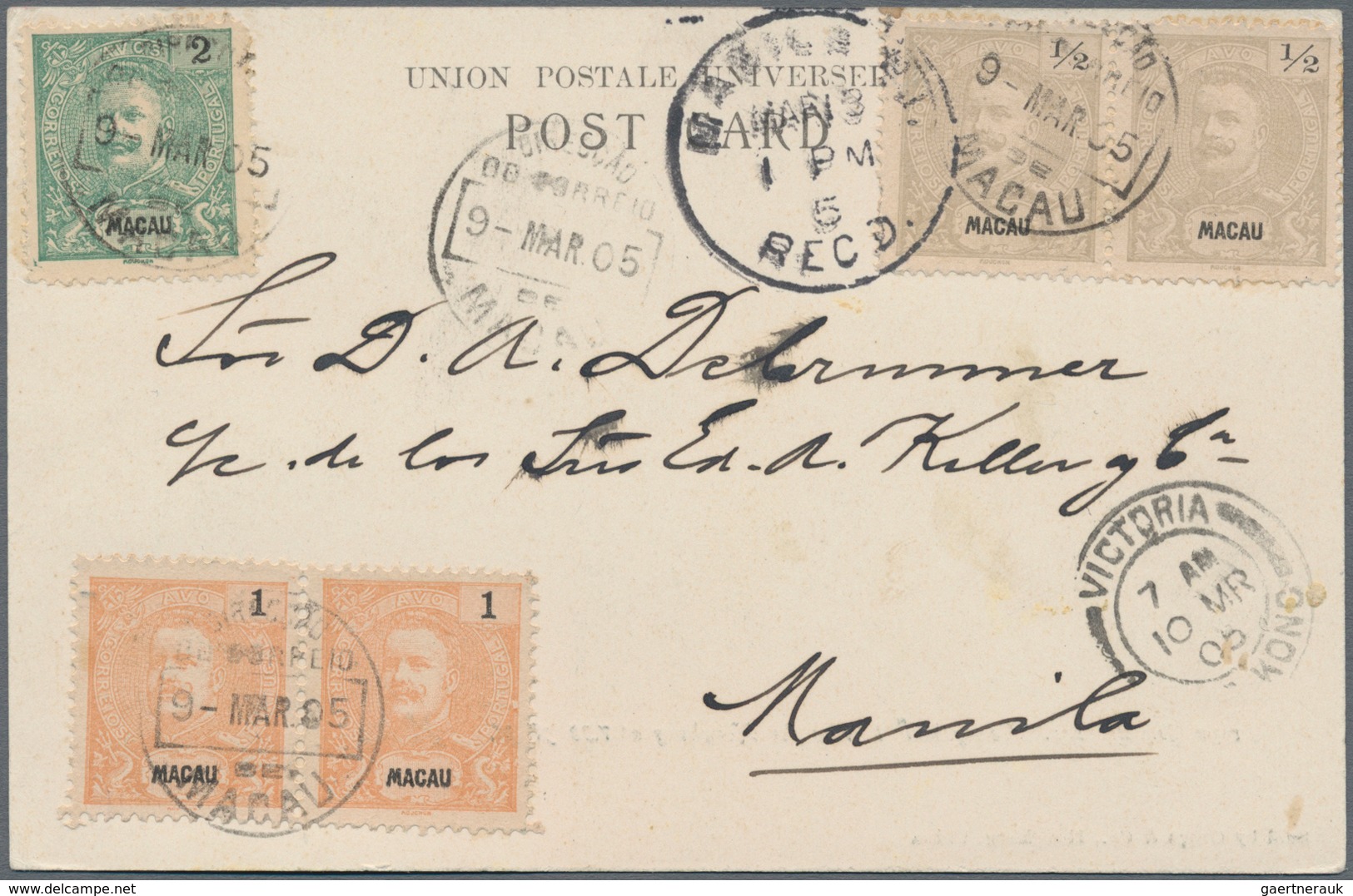 Macau: 1896, Three Ppc With Carlos 5 A. Frankings Inc. 1 A. X5 Pure Multiple Tied "MACAU" 1905 Via H - Andere & Zonder Classificatie