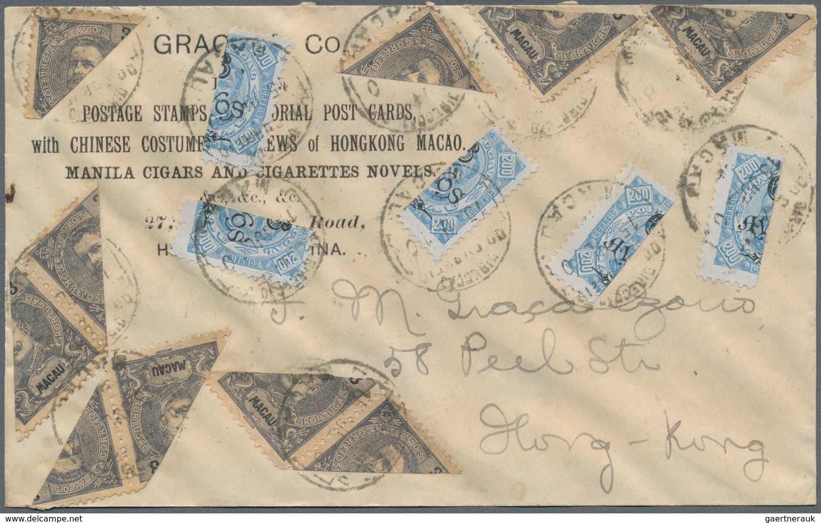 Macau: 1902/03, Bisects 6 Avos./200 R. (14 Inc. Strips-4, -3 And Pair) Resp. Of 3 Avos Grey (18 Inc. - Other & Unclassified