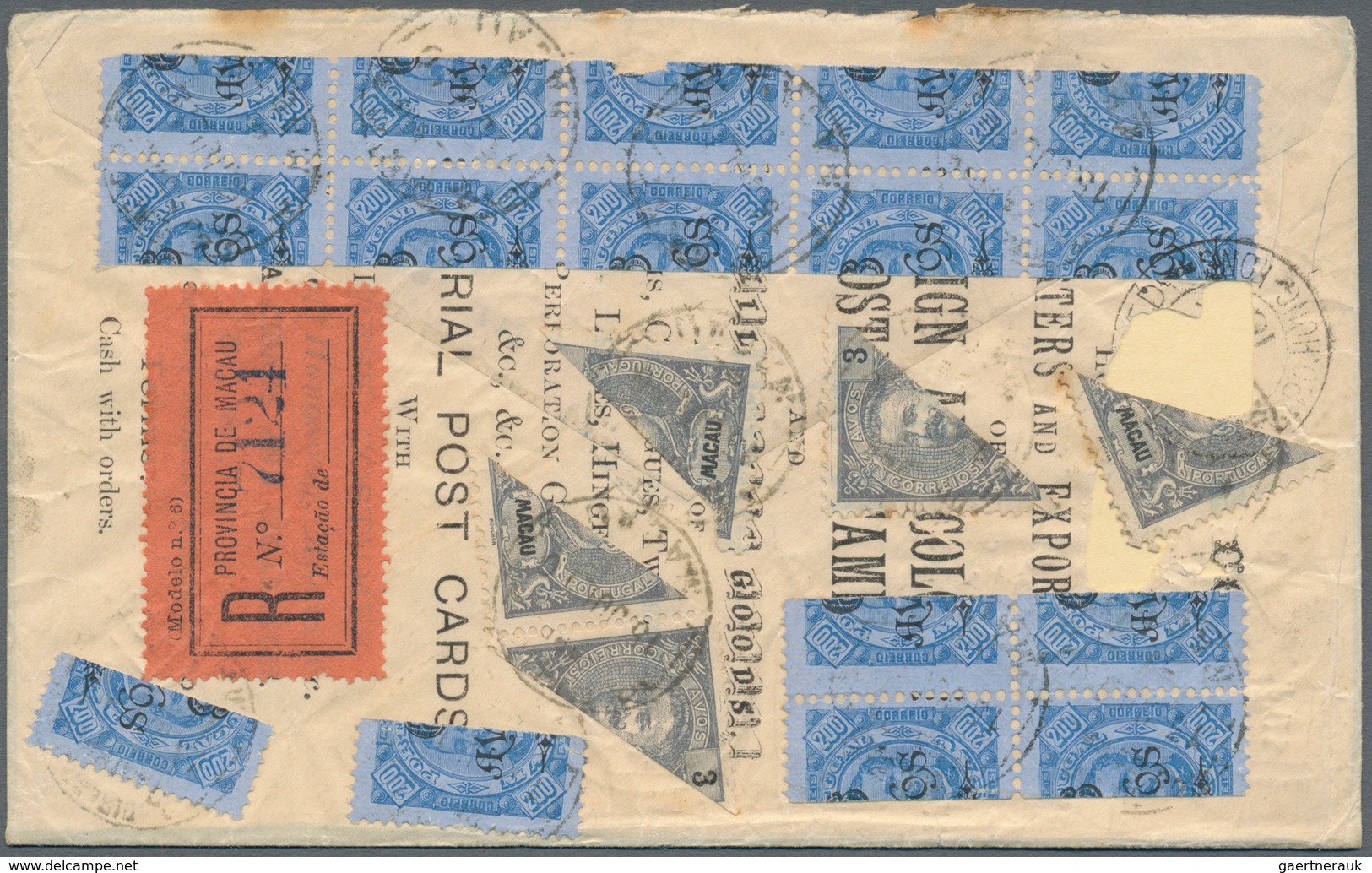 Macau: 1902/03, Bisects 6 Avos./200 R. (27 Inc. Blocks-10 And -4) Resp. Of 3 Avos Grey (12 Inc. Two - Andere & Zonder Classificatie