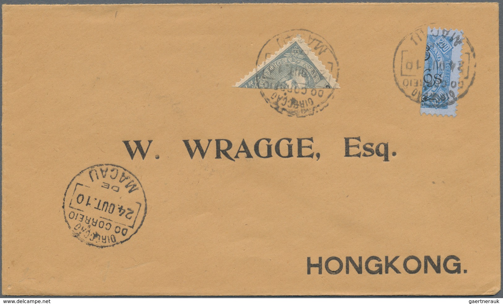 Macau: 1910, Bisects Of Each 2 A.bluish Green And 6 A./200 R.b Tied "MACAU 24 OUT" To Cover To Hong - Altri & Non Classificati